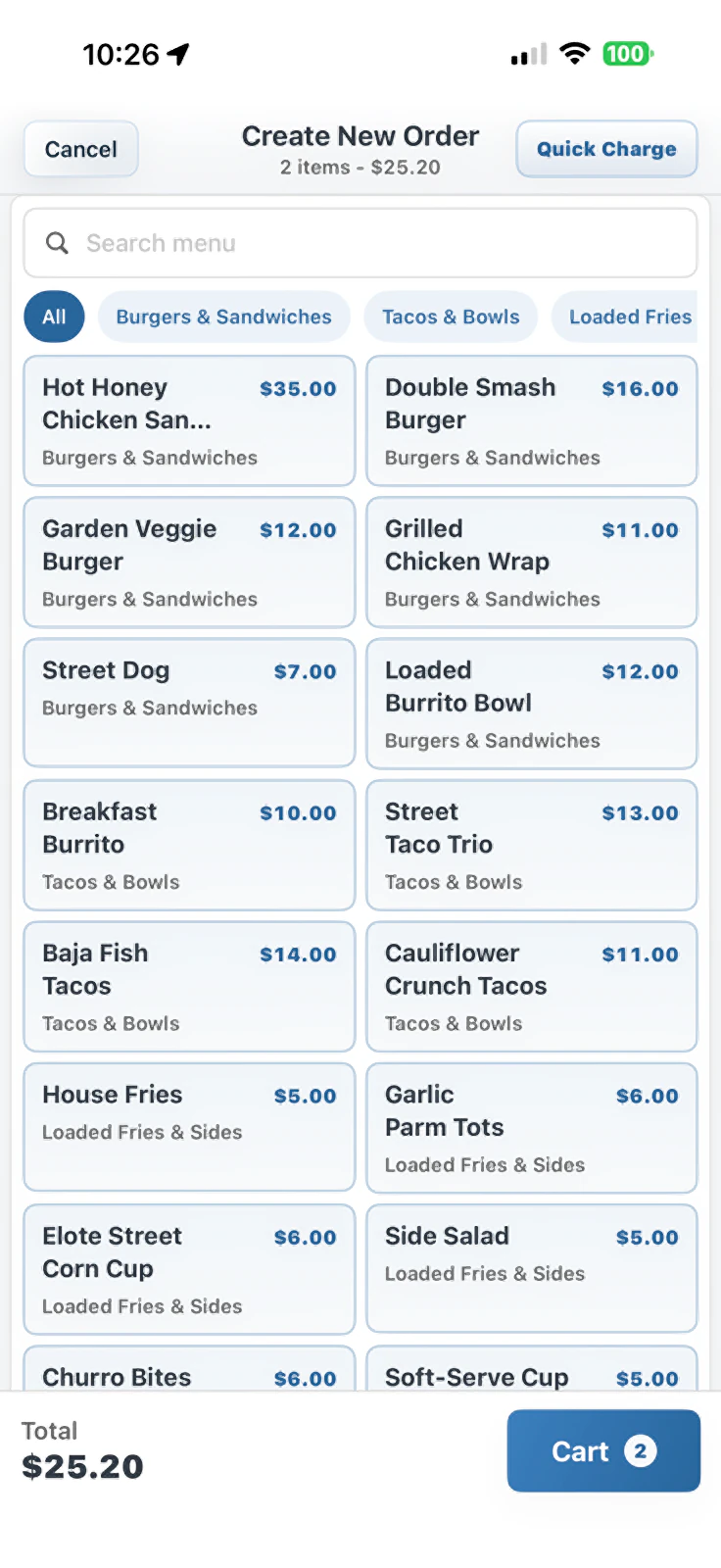 Create New Order screen: a two-column menu grid, 2 items in the order and a pinned $25.20 total
