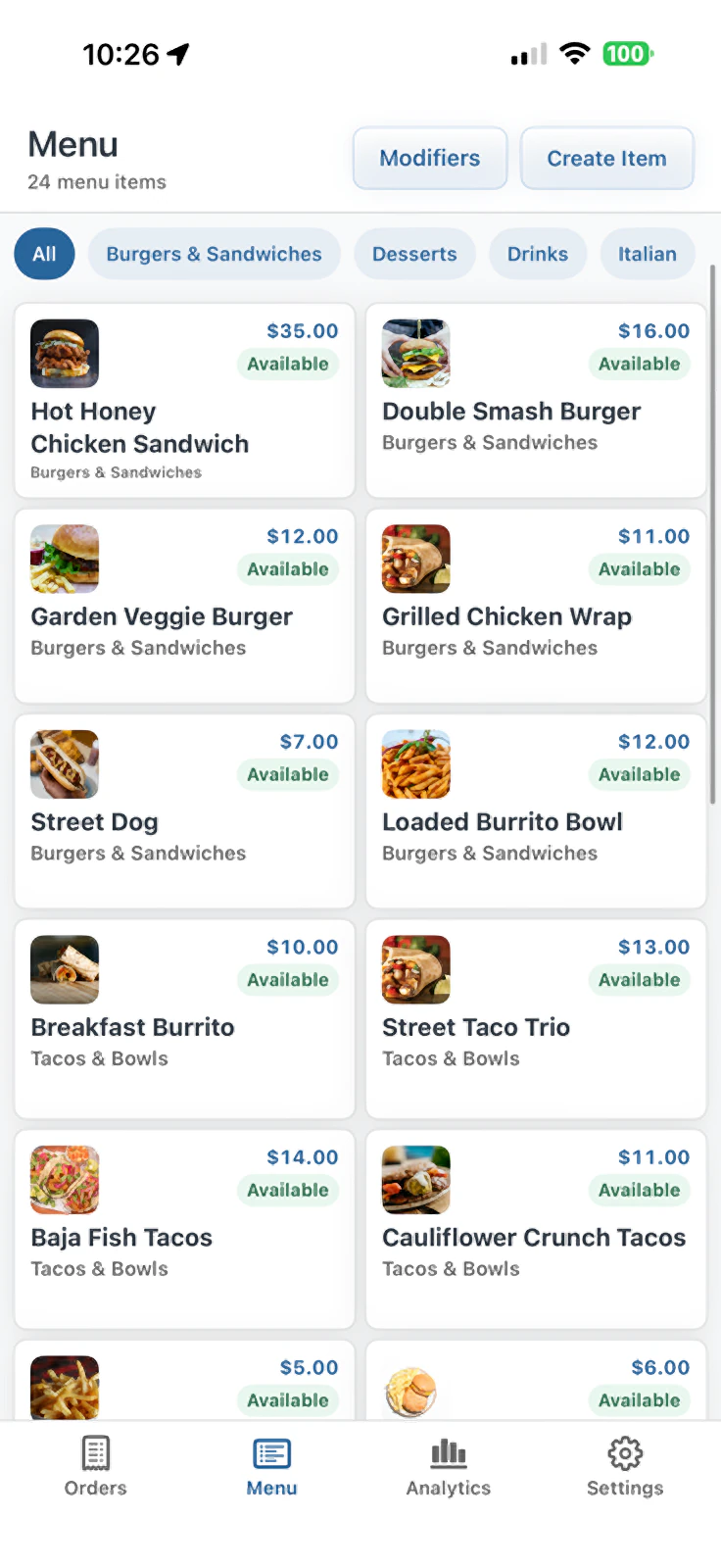 TABL Mobile menu management screen