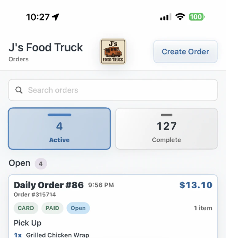 Orders screen: 4 active and 127 complete orders, with a paid card order at the top of the open queue