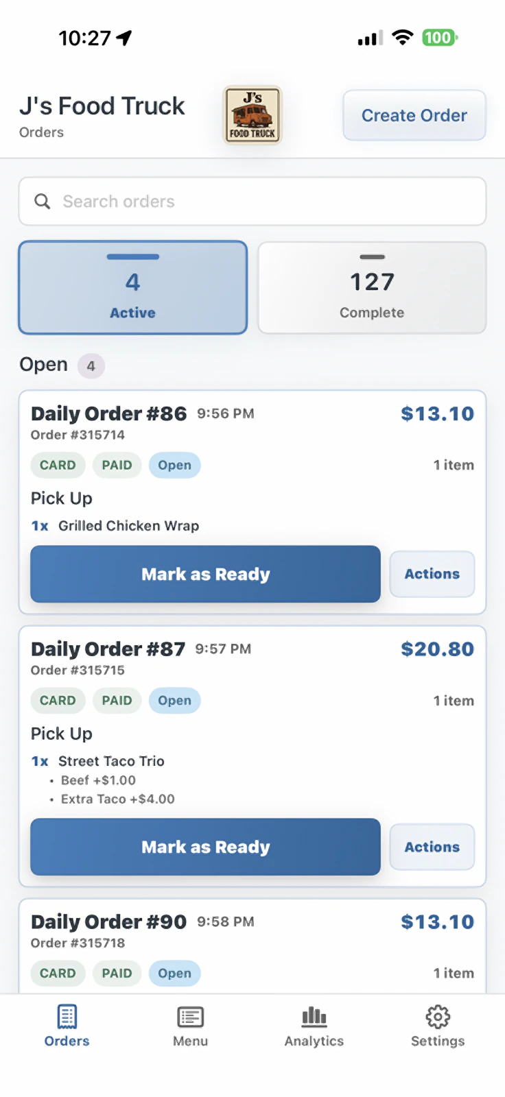 TABL Mobile orders screen